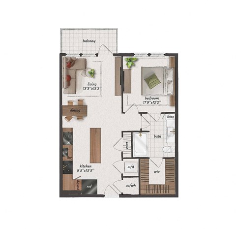 Floor plan for 1 bed, 1 bath, 750 sqft
